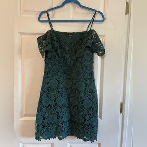 Lulu’s Crochet Cutie Forest Green Crochet Lace Off-the-Shoulder Dress. Size M